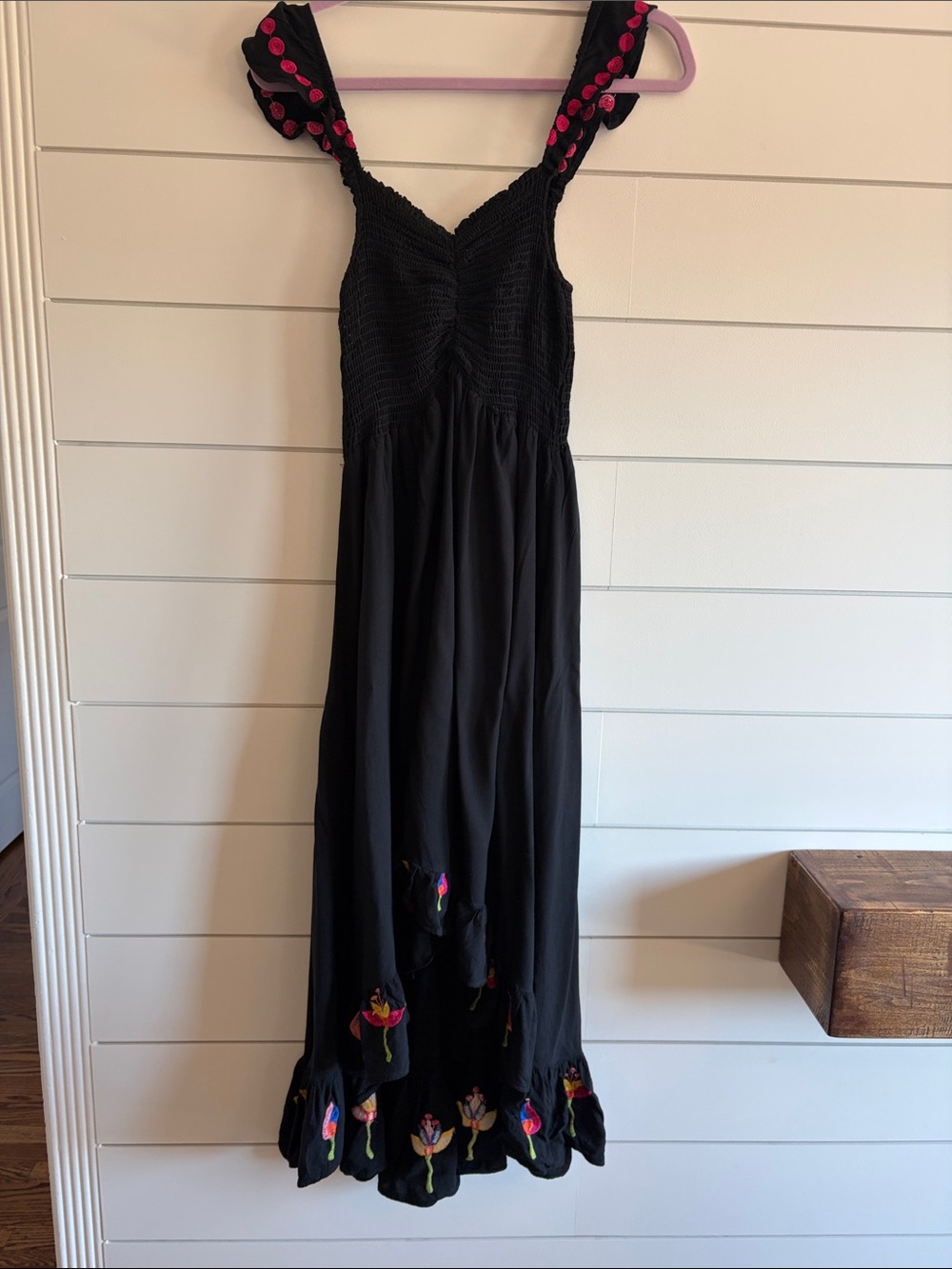 Chilas Mexican Black Maxi Dress with Embroidered Accents Size Small
